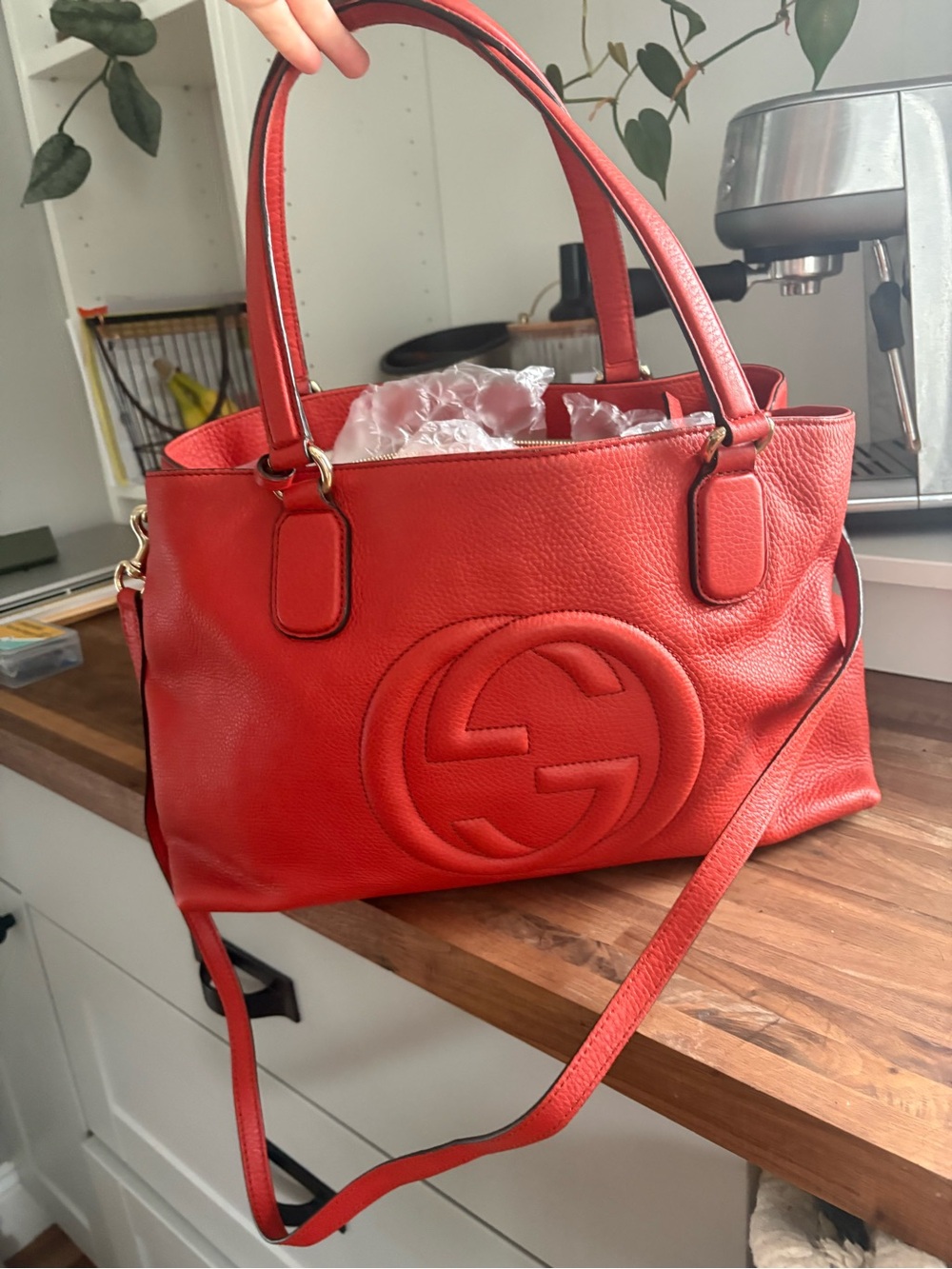 Gucci Red Leather Soho Shoulder Tote with Interlocking Logo